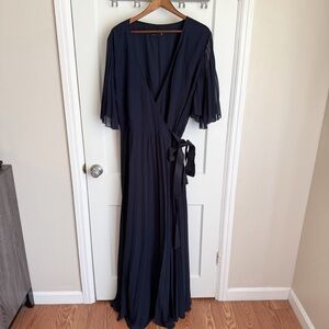ASOS Curve Navy Blue Kimono Sleeve Tie Waist Pleated Maxi Gown w/Flutter Sleeves